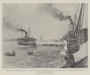 Francusko-niemieckie udogodnienia w drodze do Chin, Akwitania (francuski transport) i Wittekind (niemiecki transport) dopingują się w Port Saidzie